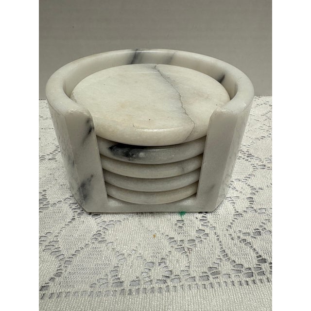 Farmhouse Vintage White Alabaster Marble Coaster Set For Sale - Image 3 of 7