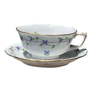 1980s Herend Tea Cup and Saucer in Blue Garland Pattern in the Peony Shape
