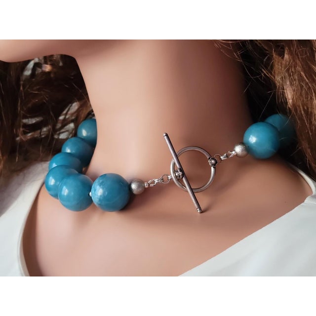 Blue Blue Sponge Quartz Statement Necklace, Huge 24 Mm Round Blue Quartz Beads, Sterling Silver Toggle Clasp, Bold Gemstone Necklace For Sale - Image 8 of 8
