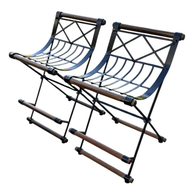 Mid 20th Century Pair of Campaign "X" Wrought Iron and Oak Bar Stools After Cleo Baldon by Continental Metal Furniture Co For Sale