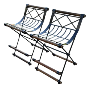 Mid 20th Century Pair of Campaign "X" Wrought Iron and Oak Bar Stools After Cleo Baldon by Continental Metal Furniture Co