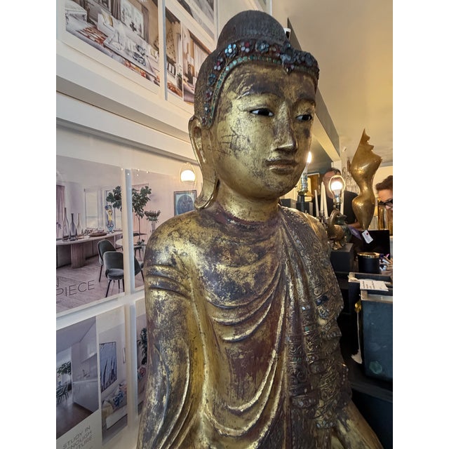 Antique Carved Wood Bejeweled Burmese Mandalay Standing Buddha Sculpture For Sale - Image 9 of 11