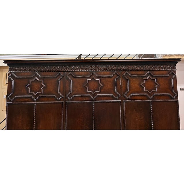 Antique English Oak Jacobean Style Triple Door Compactum Armoire, Uk Import c.1890 For Sale - Image 12 of 15
