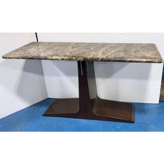 Original Retail $3900, stylish Henredon Modern Brown Stone Console Table, brown, espresso, white, and gray stone top, warm...