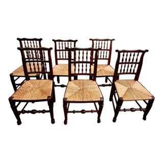 1960s Vintage Mahogany Spindle Back Rush Chairs - Set of 6 For Sale
