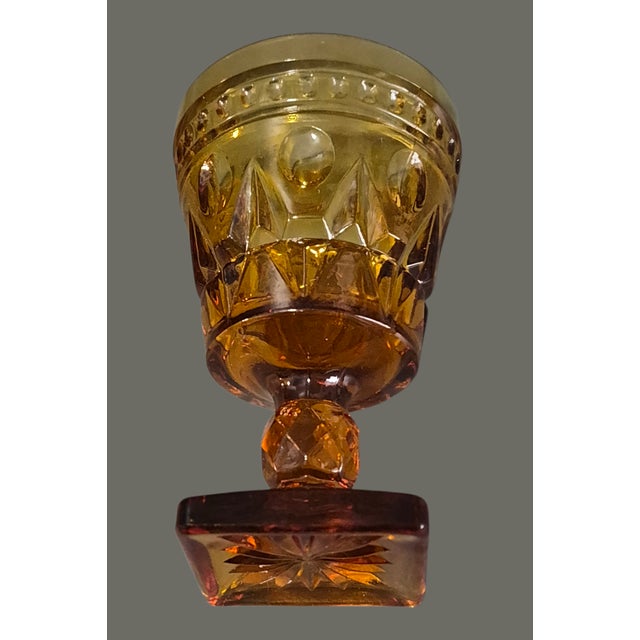 Indiana Glass Company Vintage Six Ornate Indiana Amber Glass Wine Goblets Glasses For Sale - Image 4 of 6