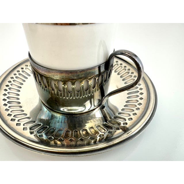 Vintage Silverplate & Porcelain Demitasse Set, Pierced Metal Holders, Modernist Espresso Service for Six For Sale - Image 4 of 10