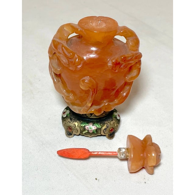 Antique Chinese Carved Carnelian Agate Enamel Sterling Silver Stone Snuff Bottle For Sale - Image 10 of 15