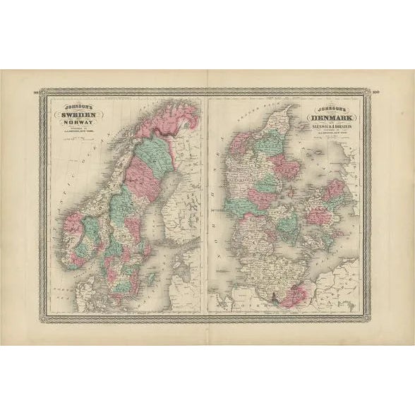 Antique Map of Sweden and Norway and Denmark by Johnson, 1872 For Sale