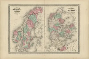 Antique Map of Sweden and Norway and Denmark by Johnson, 1872