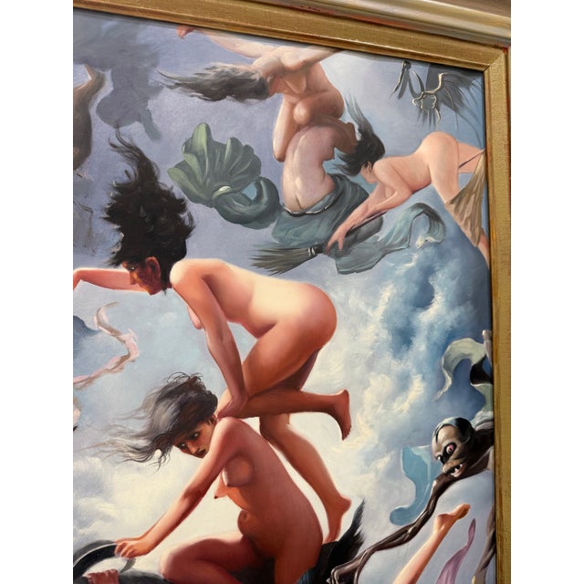 Art Deco 1930s Oil Painting Witches Going to Their Sabbath After Luis Ricardo Falero 38x32" For Sale - Image 3 of 10