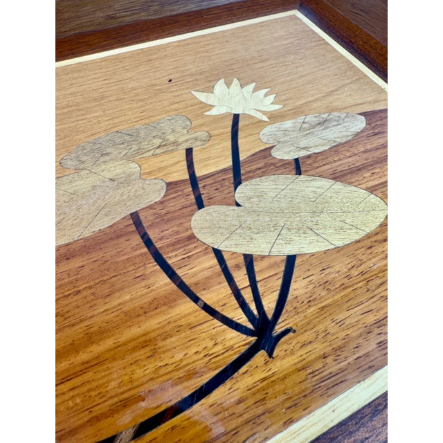 Wood Vintage Philippine Marquetry Wood Frog & Lily Pad Serving Tray For Sale - Image 7 of 13