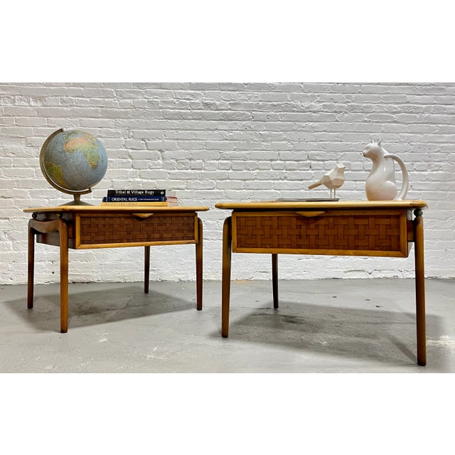 Mid Century Modern Walnut and Oak End Tables / Side Tables by Warren Church for Lane Perception. The woven facades and...
