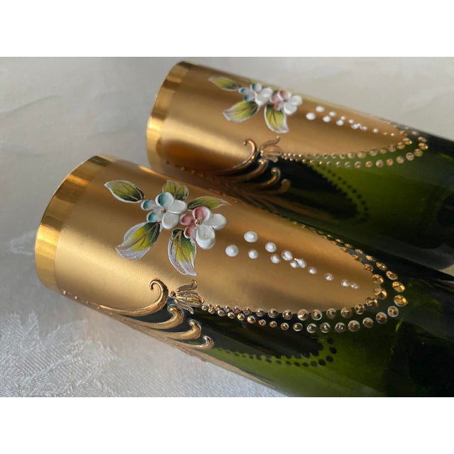 Set 11/Mid-Century, Murano, Footed Cocktail, Wine, Parfait Glasses Green & Gold, Salviati Attributed, Venice Italy, 6...