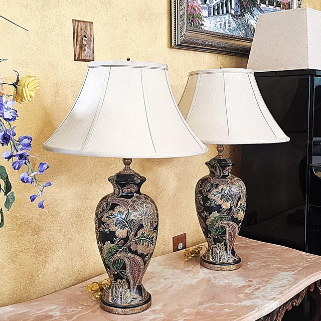 Burgundy Pair of Bradburn Gallery Hand-Painted Floral Ceramic Table Lamps With Shades For Sale - Image 8 of 18