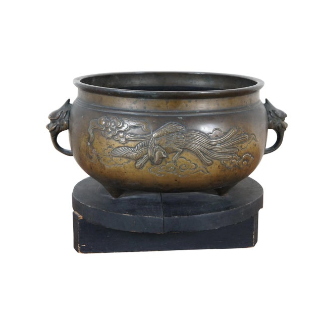 Chinese Antique Chinese Bronze Phoenix Dragon Tropod Censer Bowl Incense Burner For Sale - Image 3 of 12