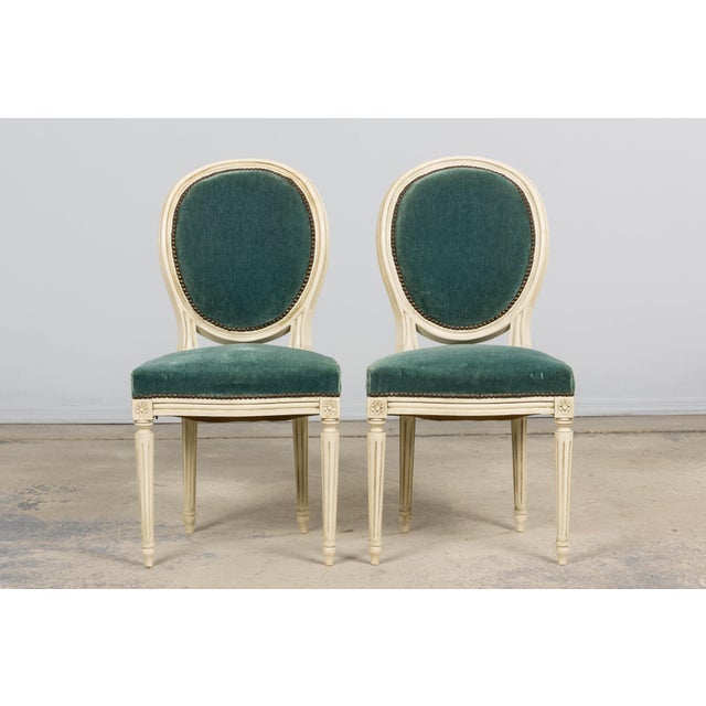 Antique French Louis XVI Style Painted Dining Chairs in Teal Mohair - Set of 8 For Sale In New York - Image 6 of 18