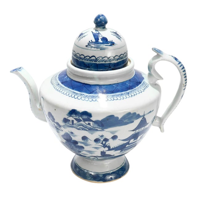 Antique Chinese Export Blue & White Canton Porcelain Tea Pot For Sale