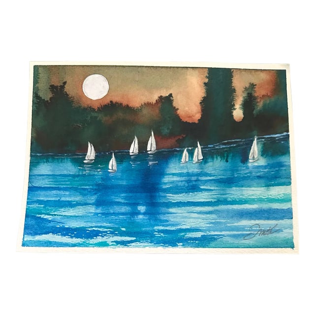 “Moonlit Regatta” – Original Watercolor Painting by Nancy Smith For Sale