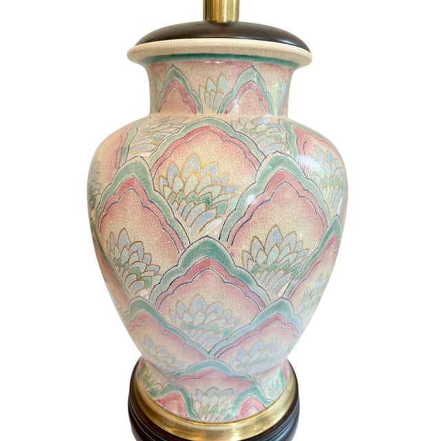 Wood Late 20th Century Frederick Cooper Pink and Teal Urn Lamp For Sale - Image 7 of 17