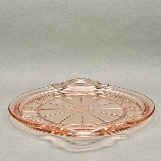 1930s “Vintage Pink Depression Glass Handled Cake Plate in Jeanette Glass “Doric” Pattern” For Sale - Image 5 of 10