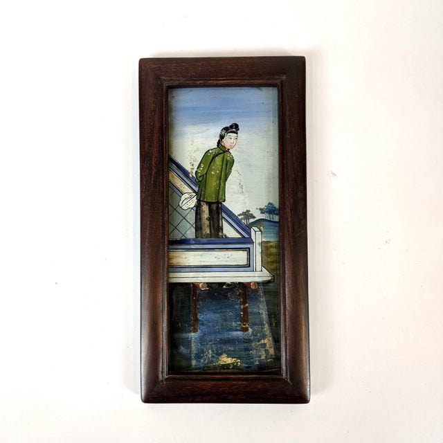 Chinese 1920s Asian Figurative Reverse Glass Paintings, Framed - a Pair For Sale - Image 3 of 4