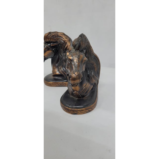 Metal 1940s Art Deco Bronze Plated Horse Bookends Vintage Trojan Horse Head Bust - Set of 2 For Sale - Image 7 of 10