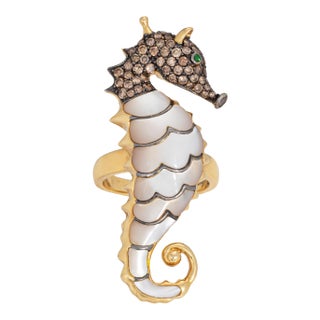Convertible Seahorse Ring to Pendant Estate Diamond 18k Yellow Gold Sz 7 Ocean For Sale