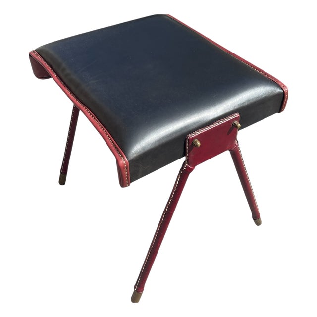 Stitched Leather Ottoman by Jacques Adnet, 1950s For Sale