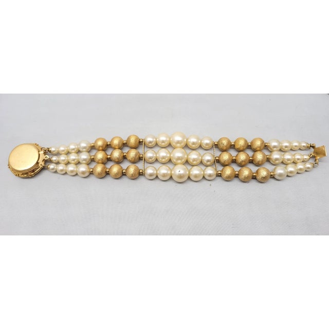 Mid-Century Modern Vintage 1950s Signed Napier Goldtone & Faux-Pearl Beaded Bracelet For Sale - Image 3 of 9
