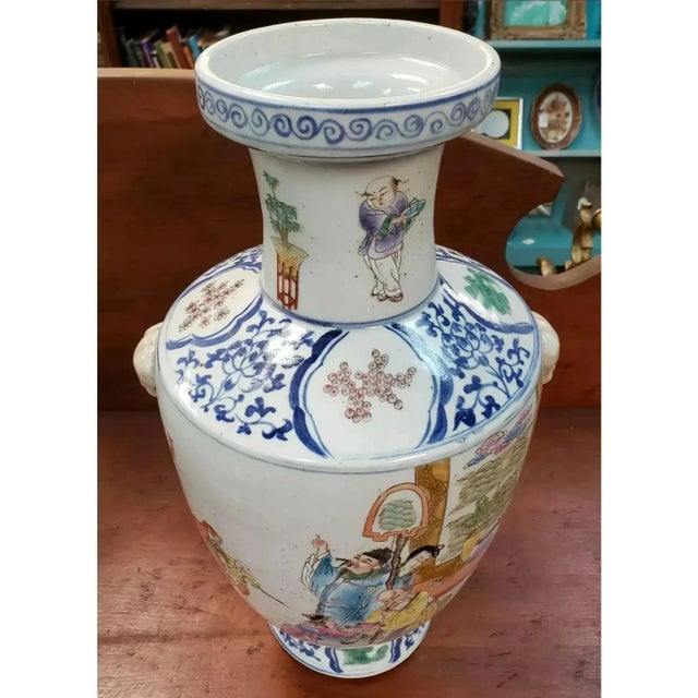 Ceramic 1881 Chinese Famille Rose Wucai Jingdezhen Porcelain Figural/Auspicious Symbol Motifs Baluster Vase Decorated by Da Zhun (Guangxu Period). For Sale - Image 7 of 9