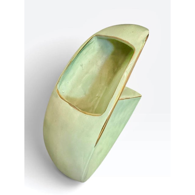 Postmodern McRon Signed Postmodern Ceramic Crescent Vase – Celadon & Gold Luster – 1984 – 20" For Sale - Image 3 of 7