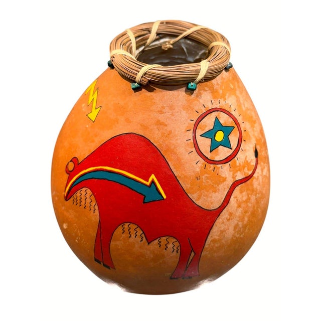 Janet Reed Koed “Ritual Baskets” Southwestern Painted Gourd Vessel Titled “Malachite Beads Buffalo,” this handcrafted...