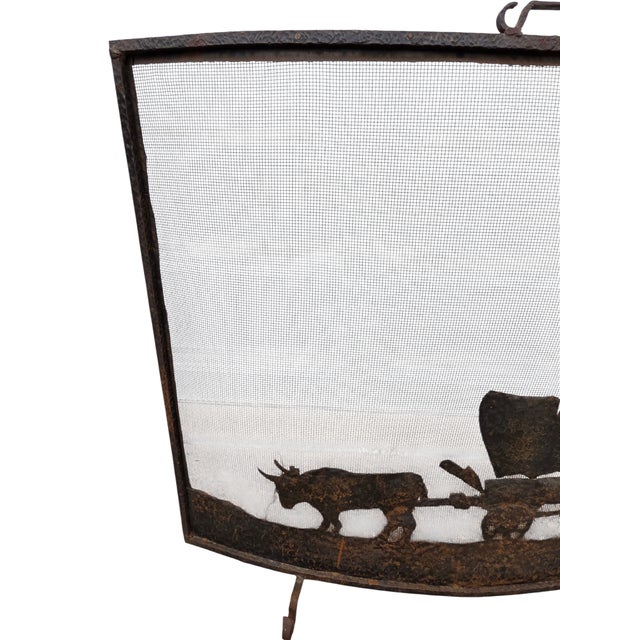Antique Rustic Wrought Iron Fireplace Screen Silhouette Covered Wagon Ox Western For Sale - Image 18 of 18