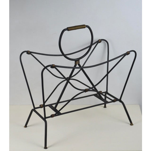 Mid-Century Modern French Modernist Black Metal Magazine Rack attributed to Jacques Adnet, 1950s For Sale - Image 3 of 14