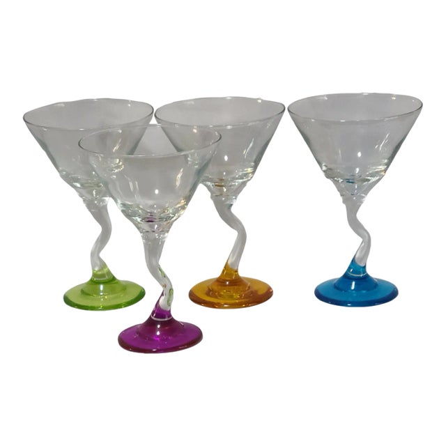 Vintage Colorful Candy Bases Zic-Zac Stem Martini Glasses- Set of 4 For Sale