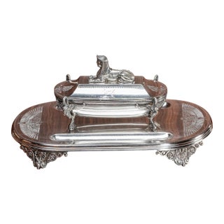 Egyptian Revival Antique Victorian Silverplate Double Inkwell Desk Inkstand Egypt Sphinx For Sale