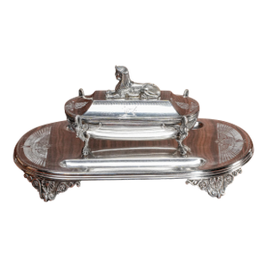 Egyptian Revival Antique Victorian Silverplate Double Inkwell Desk Inkstand Egypt Sphinx
