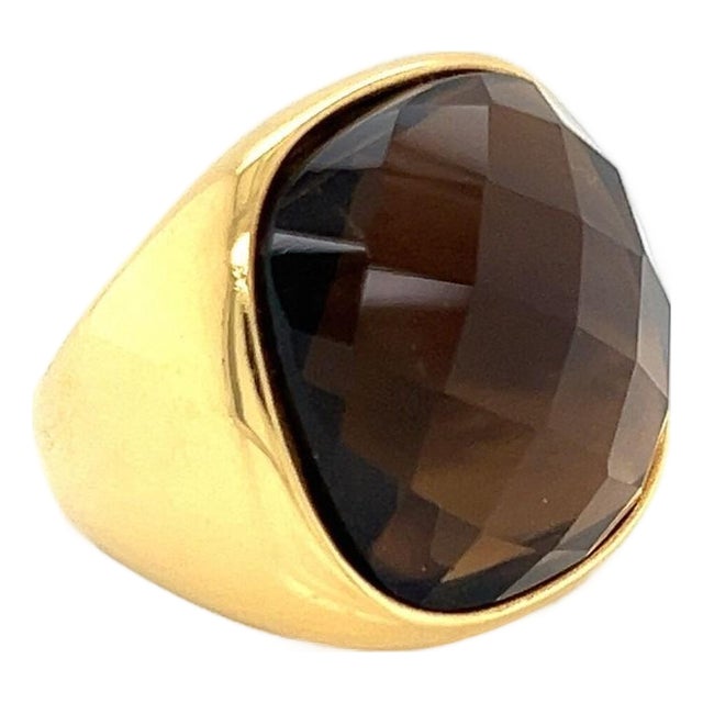 Mid 20th Century Lalla & Rossana 18k Yellow Gold Smoky Quartz Wide Ring - Size 7.5 For Sale
