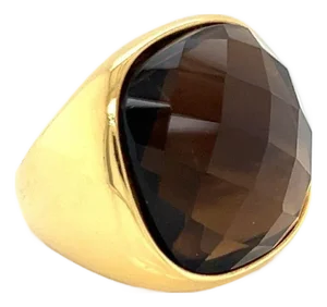 Mid 20th Century Lalla & Rossana 18k Yellow Gold Smoky Quartz Wide Ring - Size 7.5