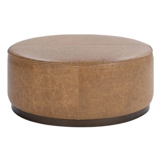 Aged Caramel Leather Round Ottoman For Sale