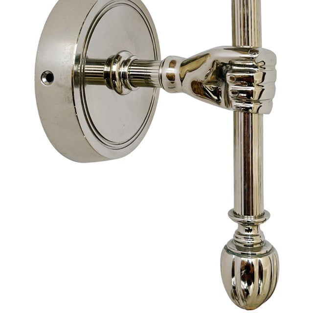 Metal 1990s Jacques Adnet Style Polished Nickel Hand Sconces, Wall Lamps - A Pair For Sale - Image 7 of 9