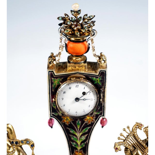 Black Viennese Glass and Silver Belle Epoque Splendour Clock with Enamel and Gemstones, 1880 For Sale - Image 8 of 16