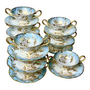 Late 19th Century Gilded English Soup/Dessert Cups & Saucers - Set of 11
