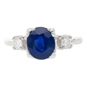 Gia Cert. 1.85 Carat Oval Blue Sapphire & Diamond 14k White Gold 3 Stone Ring Size 6.75