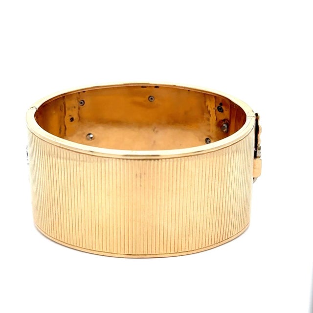 Antique Bohemian Art Deco 14k Gold Cuff Diamond Bangle Bracelet For Sale - Image 4 of 5