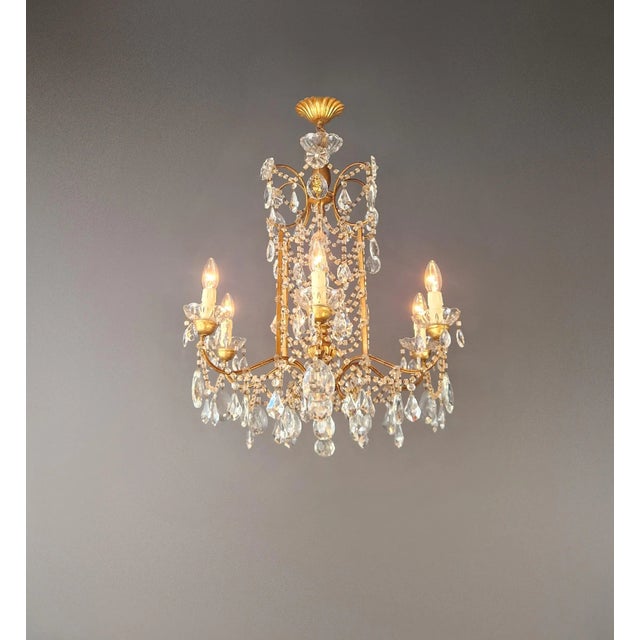 1910s Gilded Iron and Crystal Chandelier Italian Louis XVI Style Antique Neoclassical For Sale - Image 5 of 14