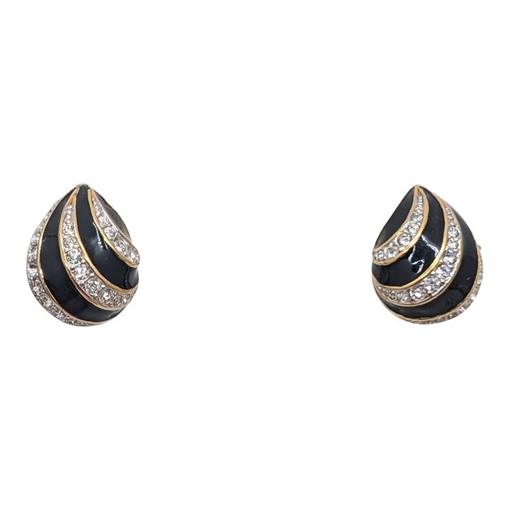 Vintage Signed Nina Ricci Paris Black Enamel & Clear Rhinestone Pierced ...