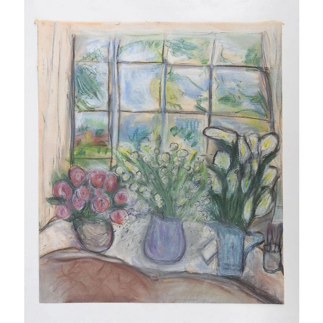 Vintage pastel on paper painting of window with flowers still life. Unsigned. Unframed.