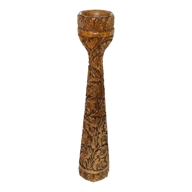 Hand Carved Antique Wood Candle Holder For Sale